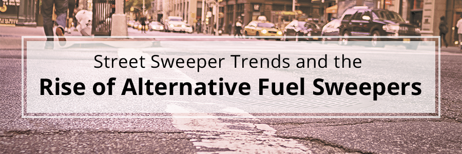 A street scene with overlaid text reading ‘Street sweeping trends and the rise of alternative fuel sweepers’ in black text.